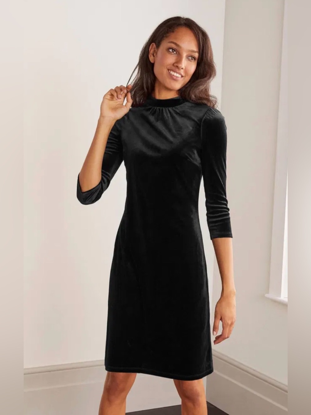 Boden Livia Velvet Shift Dress Black 14R Mock Neck